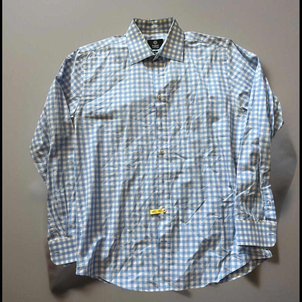 Bugatti Shirt Blue White Plaid Long Sleeve Large Button‎ Up 41/42